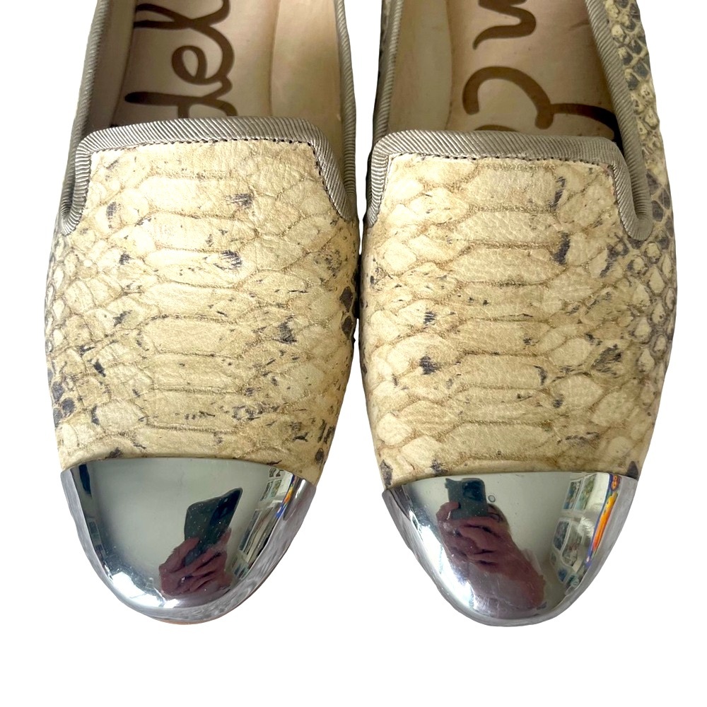 Sam Edelman Silver Cap Roe with Cream Leather Snakeskin Flats. Size 7